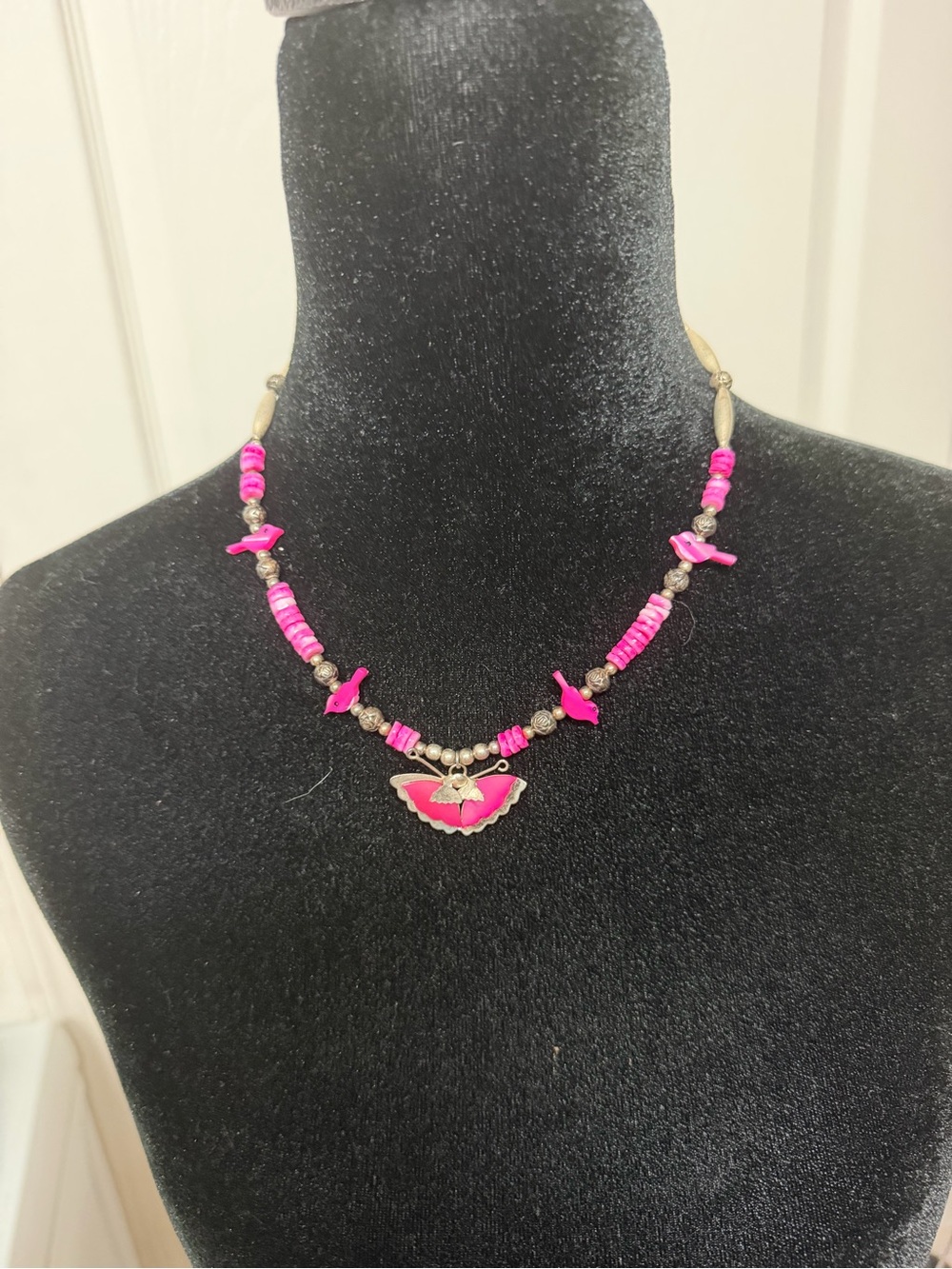 Pink Butterfly Pendant Beaded Necklace - Women Jewelry